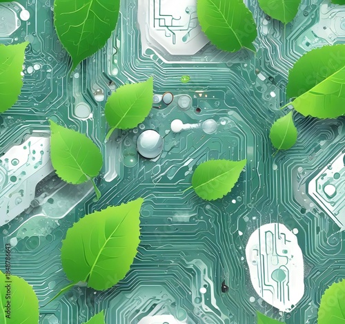Eco technology illustration, green leaves interacting with water droplets and digital circuits