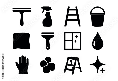 A set of black silhouette icons depicting various tools and elements for window cleaning and general household hygiene — stock vector.