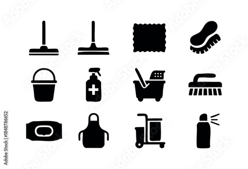 A collection of twelve essential black glyph icons representing various cleaning, sanitation, and hygiene tools and equipment on a white background — stock vector.