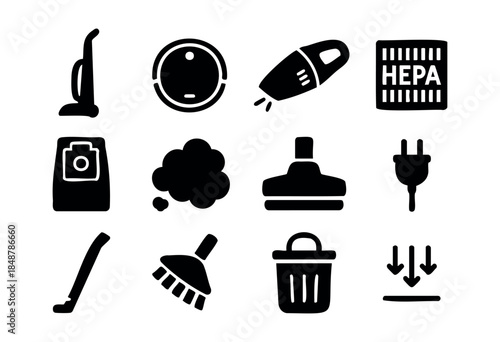 A comprehensive collection of black silhouette icons representing various types of vacuum cleaners, attachments, and cleaning concepts for home maintenance — stock vector.
