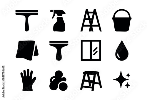 A comprehensive set of black silhouette icons representing various window cleaning tools and concepts on a white background — stock vector.