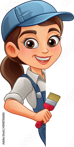 A woman female painter decorator holding a paintbrush tool builder construction cartoon character mascot.