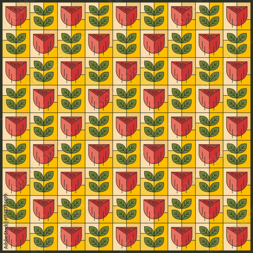Stylized Floral Grid in Seamless Pattern