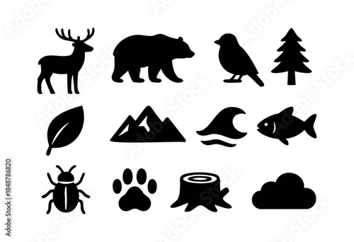 A collection of black silhouette icons depicting various animals, plants, and natural elements found in wilderness and outdoor environments — stock vector.