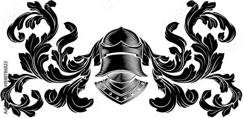 Coat of arms crest knight family medieval shield heraldry heraldic armorial motif. Featuring a knights helm helmet in a vintage etching engraving woodcut style