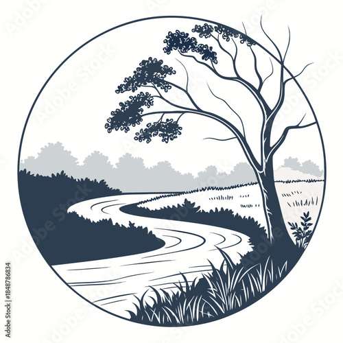 Title: A serene landscape with a winding river surrounded by trees and grass in a circular frame