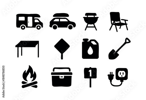 A collection of black silhouette icons representing various camping, travel, and outdoor adventure equipment and elements on a white background — stock vector.