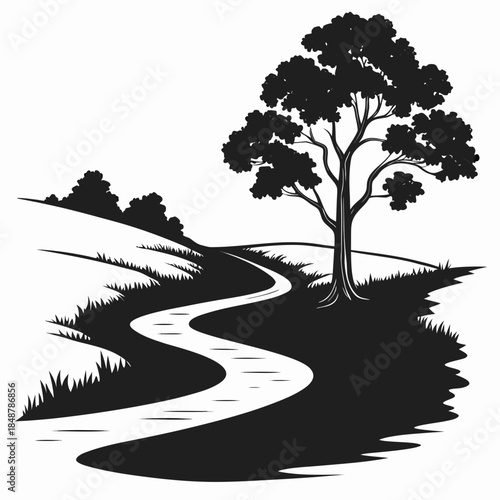 Title: A winding path in a forest with a large tree and grassy surroundings in a minimalist black