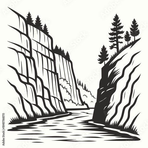 Title: A rocky cliff with a waterfall cascading down and pine trees on the in a detailed black
