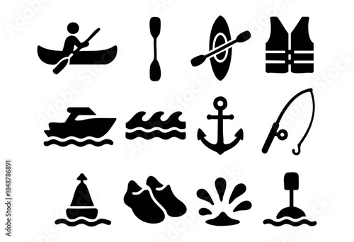 A collection of black silhouette glyph icons representing various water sports, marine activities, and boating equipment on a white background — stock vector.