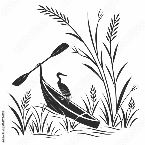 Title: A stylized of a person paddling a canoe with a bird perched on the front in a natural setting