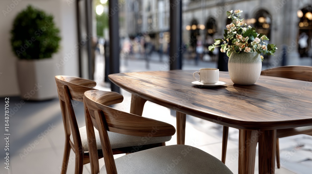 Obraz premium A wooden table with four chairs around it and a vase of flowers on it. The chairs are wooden and have a white cushion. The table is in a room with a window, and there are people outside