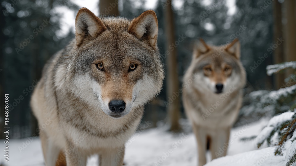 Naklejka premium Two wolves standing in the snow, one of which is looking at the camera. Scene is calm and peaceful, as the wolves seem to be enjoying their time in the snow