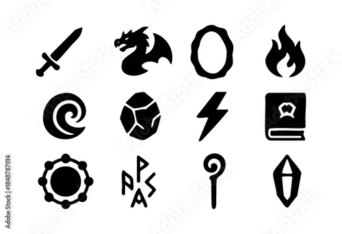 A collection of black silhouette icons representing essential fantasy and magic elements for gaming or mystical themes — stock vector.