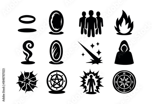 A collection of black silhouette vector icons representing various magical, mystical, and fantasy elements like spells, portals, hooded figures, and occult symbols — stock vector.