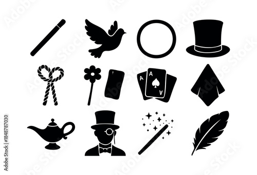 A collection of black silhouette icons representing elements of magic, illusion, and performance, including a top hat, dove, wand, cards, and genie lamp — stock vector.