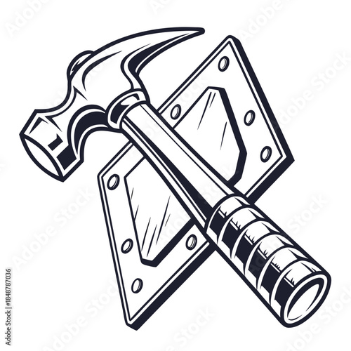 Title: A black and white of a hammer and a metal plate with holes and bolts on a white background