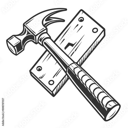 Title: A black and white of a hammer and a metal plate with holes and bolts on a white background