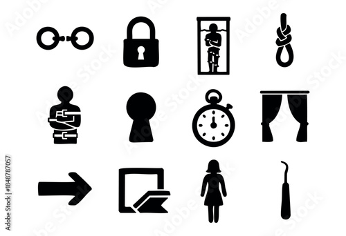 A diverse set of black silhouette icons depicting concepts such as security, time, mystery, and human elements, isolated on a white background — stock vector.