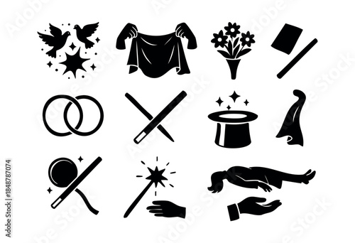 This vector set features essential silhouette icons representing classic magic tricks and enchantment elements like a top hat, linking rings, and levitating acts — stock vector.