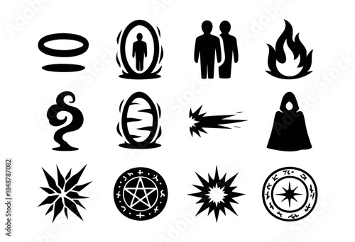 A collection of black silhouette icons depicting mystical, magical, and fantasy elements like portals, spells, characters, and symbols on a white background — stock vector.