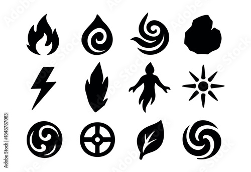 A versatile collection of black silhouette icons depicting various natural elements, mystical forces, and abstract concepts on a white background — stock vector.