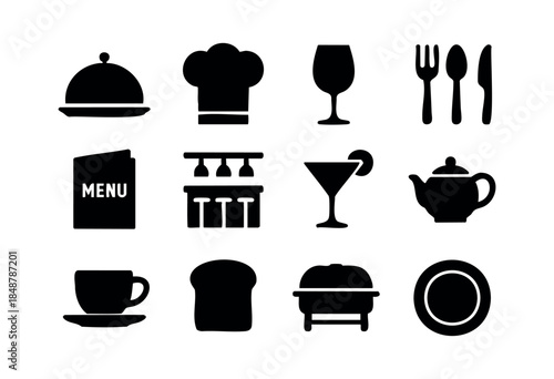 A comprehensive set of black silhouette icons representing essential elements of restaurant, bar, and dining services, including kitchenware, beverages, and menu items — stock vector.
