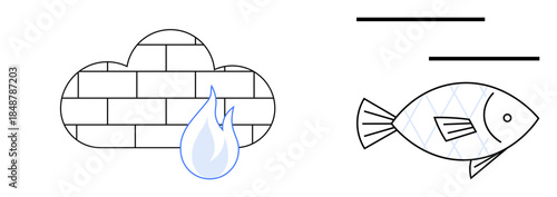 Cloud with a brick design and a blue water drop beside a minimalist fish and abstract horizontal lines. Ideal for technology, connection, ecosystem, sustainability, resource management, innovation