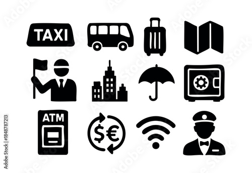 A comprehensive collection of black silhouette icons representing essential travel, tourism, and urban services including transportation, amenities, and security — stock vector.