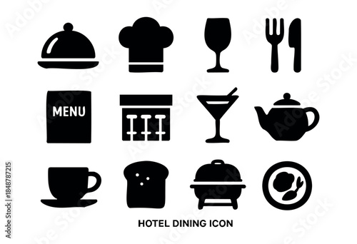 A comprehensive collection of black silhouette vector icons representing various elements of hotel dining, restaurant service, and culinary activities, isolated on a white background — stock vector.