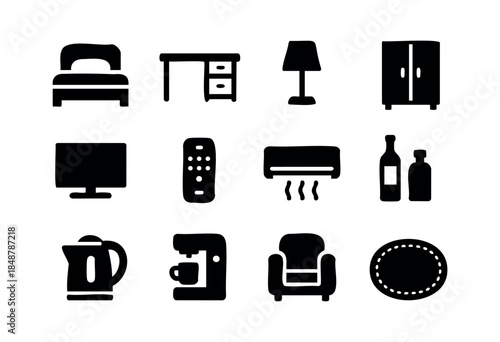 A collection of black silhouette icons depicting essential home furniture, electronics, and kitchen appliances, perfect for interior design, real estate, or lifestyle projects — stock vector.