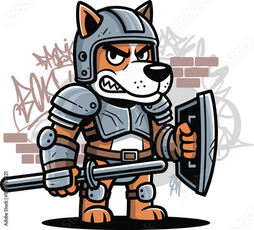 Cartoon dog wearing armor and holding a sword and shield