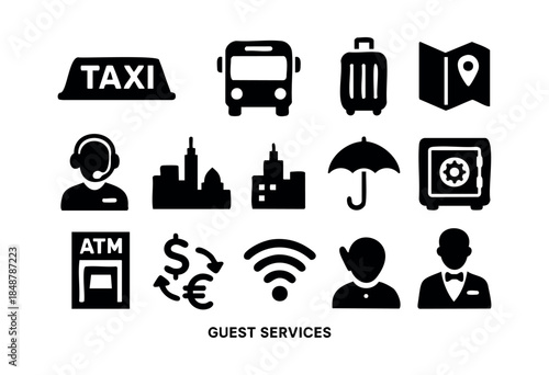 A comprehensive set of black silhouette icons representing essential guest services for hotels, travel, and urban amenities on a white background — stock vector.
