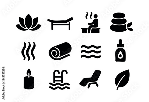 A collection of simple black silhouette icons representing various spa, wellness, and relaxation elements and activities, perfect for health and beauty themes — stock vector.