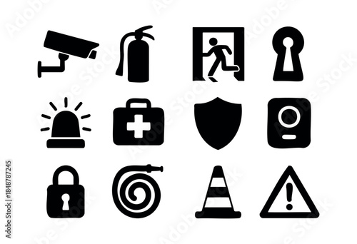 A comprehensive set of twelve black silhouette icons representing essential safety, security, and emergency concepts on a clean white background — stock vector.