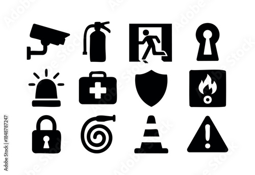 A comprehensive set of twelve black silhouette icons representing essential safety, security, and emergency concepts on a clean white background — stock vector.