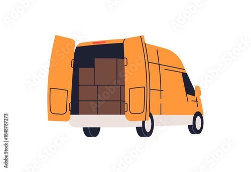 Delivery van, wheeled road transportation, many parcels, cardboards stacked in transport, shipment vehicle, freight automobile, packs, goods inside courier, logistics flat vector illustration.