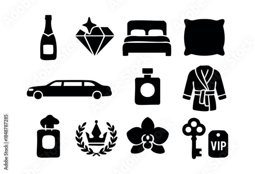 A collection of black silhouette icons representing luxury, VIP access, comfort, and premium lifestyle experiences on a white background — stock vector.