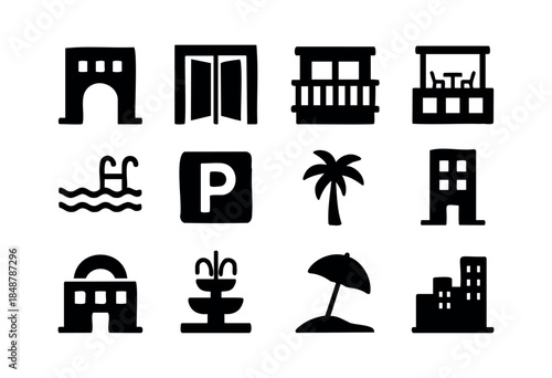 A collection of silhouette icons representing various hotel and resort amenities and travel-related services, isolated on a white background — stock vector.
