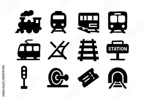 A comprehensive set of black silhouette icons representing various train types, railway elements, and public transportation concepts — stock vector.