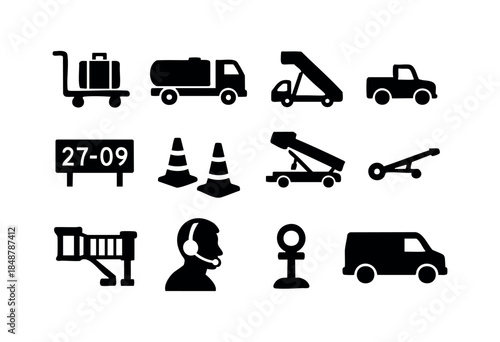 A collection of black silhouette icons representing essential airport ground support vehicles, equipment, and personnel for aviation logistics on a white background. — stock vector.
