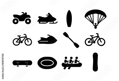 A comprehensive set of black silhouette icons representing various outdoor adventure, recreational sports, and leisure equipment for land, water, snow, and air activities — stock vector.