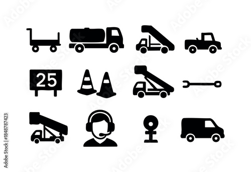 A collection of black silhouette icons representing various airport ground support equipment, vehicles, and personnel essential for aviation logistics on a white background — stock vector.
