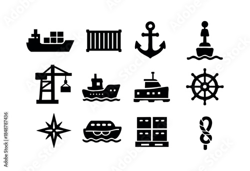 A collection of black silhouette icons representing various aspects of maritime shipping, logistics, and nautical themes, including vessels, containers, and navigational elements — stock vector.