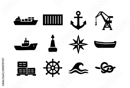A comprehensive collection of black silhouette icons representing maritime transport, navigation, and sea logistics elements, isolated on a white background — stock vector.