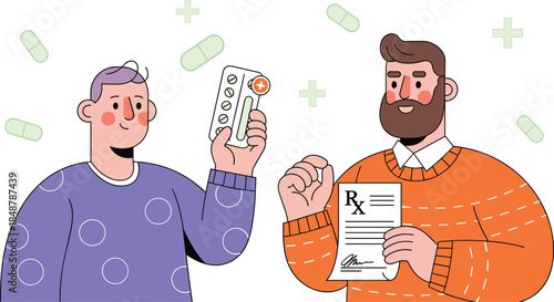 Two men one holding pills and the other a prescription