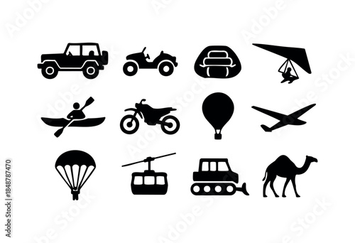 A collection of black silhouette icons depicting various adventure travel, outdoor recreation, and transportation modes on a white background — stock vector.