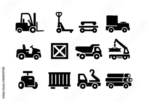 A comprehensive set of minimalist black silhouette icons illustrating various industrial vehicles, heavy equipment, and logistics elements like forklifts, trucks, and cranes — stock vector.