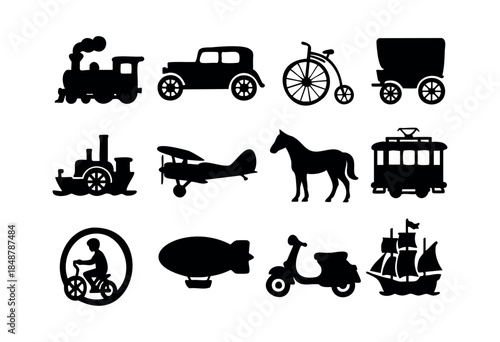 A collection of black silhouette icons depicting various vintage and classic modes of transportation, from land and sea to air, alongside a horse and a cyclist, on a white background — stock vector.