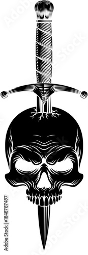 A skull dagger knife tattoo grim reaper military army style design illustration
